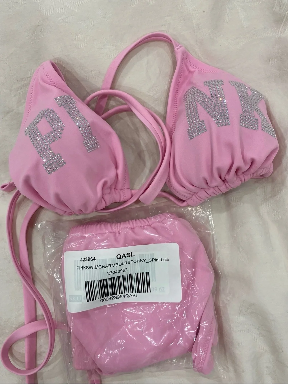 PINK Victoria's Secret Pink Rhinestone Logo Triangle Bikini Set NWT M L